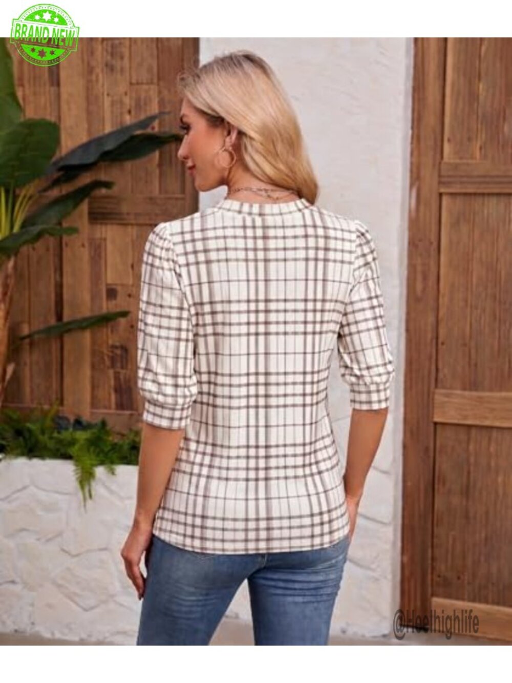 Women's V-Neck Puff Sleeve Blouse Henley Tunic Dressy Casual Knit Top - Picture 2 of 5